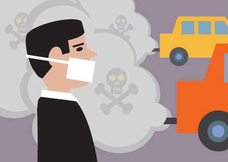 A man wearing a mask to lessen the effect of toxic, traffic pollution のイラスト素材