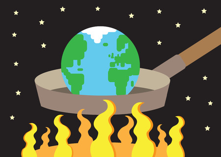 A vector illustration of the earth on a frying pan, with large flames underneath it heating it up  A metaphor for Global Warming のイラスト素材