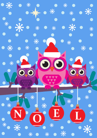A cartoon style, vector illustration of a mother owl with her two children sitting on a snowy branch.のイラスト素材