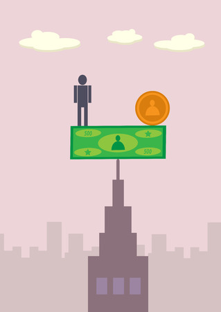 A man and coin balancing on a banknote,  which are in turn balancing on top of a city building. A metaphor on financial balance.のイラスト素材