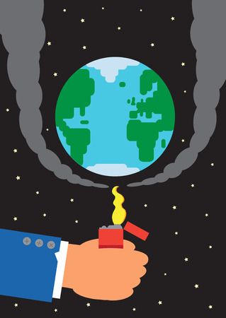 A vector illustration of a businessman holding a lighter that is burning underneath the earth, heating it up.  A metaphor for Global Warming caused through global business.のイラスト素材