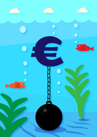 A Euro currency symbol attached to a ball and chain, on the bottom of the sea floor. A metaphor on currency performance and debt.のイラスト素材