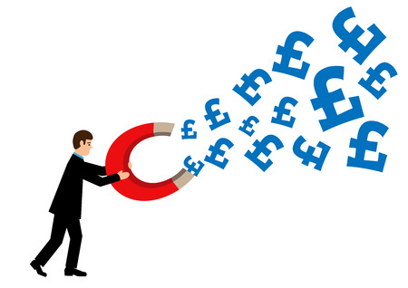 A businessman is holding a large magnet, that is attracting Pounds Sterling. A metaphor on financial success.のイラスト素材