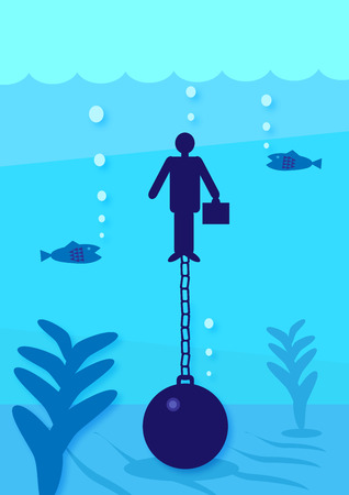 A illustration of a businessman, underwater attached to a ball and chain. A metaphor on personal financial debt.のイラスト素材