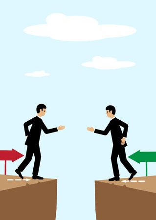 Two businessmen on either side of a divide reach agreement with a handshake.のイラスト素材