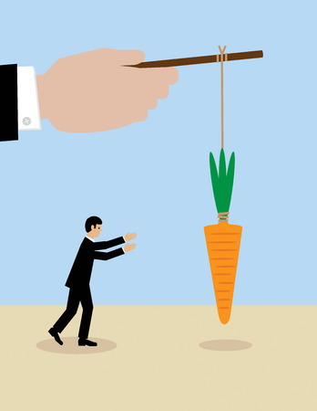 A large hand holds a carrot on a stick while his employees try to get it. A metaphor on management and leadership.のイラスト素材