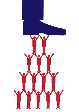 A vector illustration of a large boss\'s shoe supporting or putting pressure on his team of workers.                                 A metaphor on teamwork and managerial support.のイラスト素材