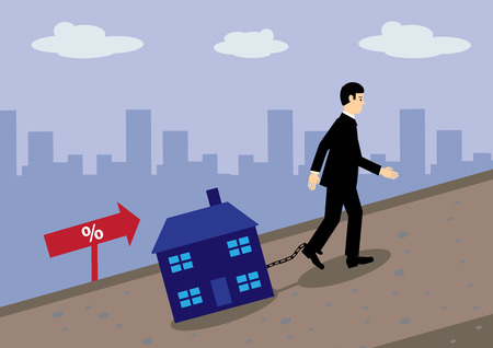 A businessman dragging a house chained to his leg up a hill. A metaphor for mortgage rate increases and debt.のイラスト素材
