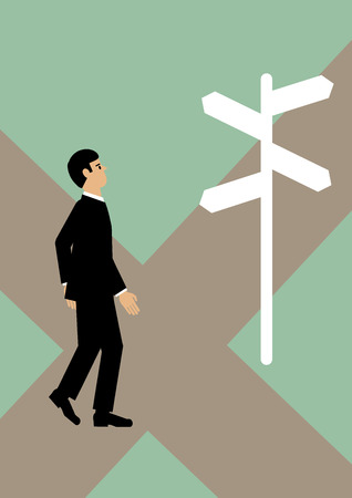 A businessman at a cross roads, not sure which path to take. A metaphor on financial decisions.のイラスト素材