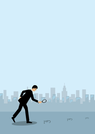 A businessman holding a maginfying glass and following a trail of Sterling symbols to the city. A metaphor on currency.のイラスト素材