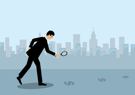 A businessman holding a maginfying glass and following a trail of Dollar symbols to the city.のイラスト素材