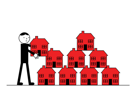 A man puts another house purchase on to his property portfolio. A metaphor on building a buy to let business.のイラスト素材