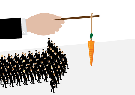 A large hand holds a carrot on a stick while his employees follow it in the shape of an arrow. A metaphor on management and leadership.のイラスト素材