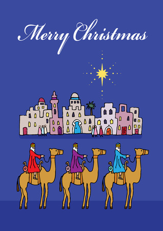 A hand drawn vector illustration of the three wise men following the star.のイラスト素材