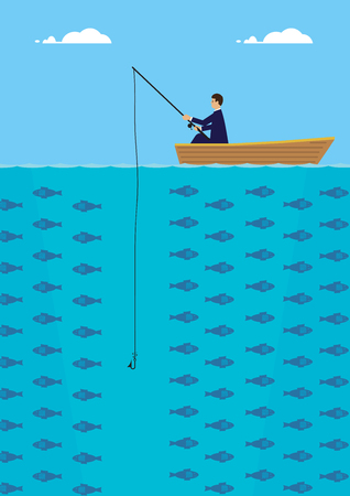 A businessman in a boat who is fishing but not getting a bite. A metaphor on being unsuccessful.のイラスト素材