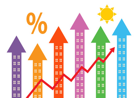 Rising colourful arrow shapes with windows to symbolise property market rising.のイラスト素材