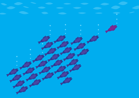 An illustraration of a group of fish following a leader in an arrow formation.のイラスト素材