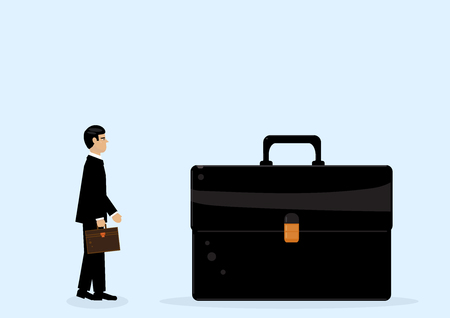A businessman looking at a giant briefcase, a metaphor on big business.のイラスト素材