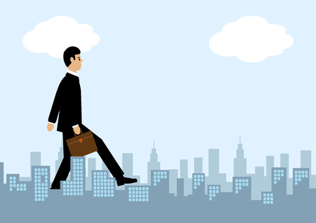 A giant businessman walks through a city. A metaphor on success in the city.のイラスト素材