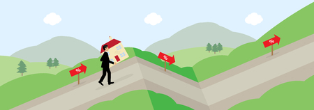 A vector illustration of a man carrying a house up a hill, following the percentage signs. A metphor on variable mortgage rates.のイラスト素材