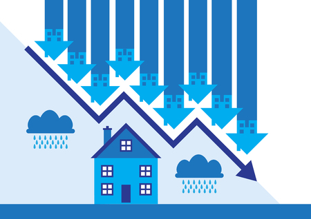Downward arrows and rain clouds a metaphor on a property market slump.のイラスト素材