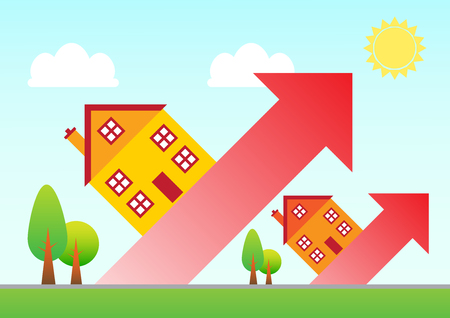 Houses rising up on red arrows from the landscape. A metaphor on a rising housing market.のイラスト素材