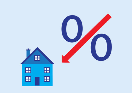 A vector illustration of the percentage slash turned into an arrow pointing down at a house.のイラスト素材