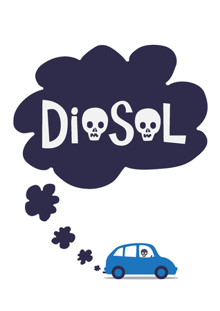 A diesel cars toxic exhaust fumes with the word diesel containing skulls. An illustration of the toxic effects of diesel exhaust gas.のイラスト素材