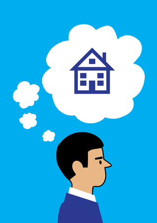 A vector illustration of a man thinking about a house, thought bubbles coming from his head with one large bubble containing the house.のイラスト素材