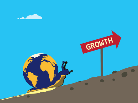 A vector metaphor on global growth slowing. A snail is with a globe on its back slowly goes up a bumpy hillのイラスト素材