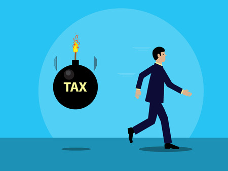 A vector illustration of a businessman running from a cartoon bomb, with the word TAX written on it that is about to explode. A visual metaphor on tax and business.のイラスト素材