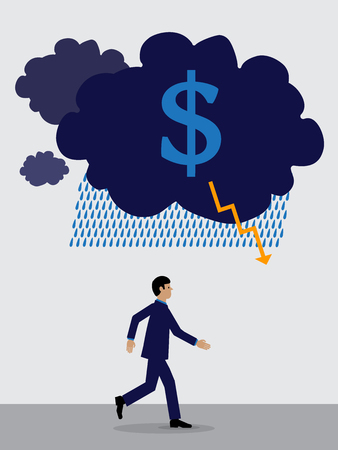 storm cloud with a Dollar symbol over a businessman who is running away from it.  A visual metaphor on the Dollars financial performance.のイラスト素材