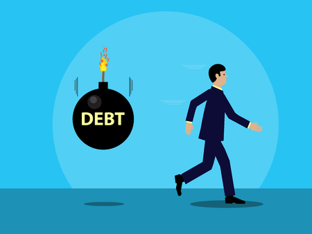 businessman running from a cartoon bomb, with the word DEBT written on it that is about to explode. A visual metaphor on debt and business.のイラスト素材