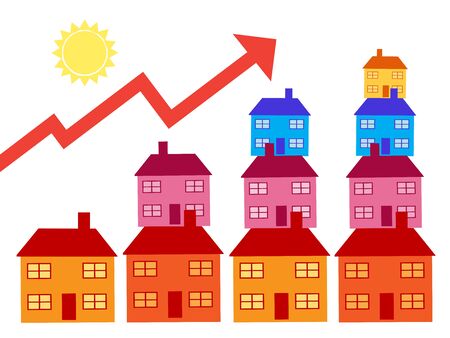 A rising stack of houses with an up arrow to indicate property related increases. A vector illustration and metaphor on property.のイラスト素材