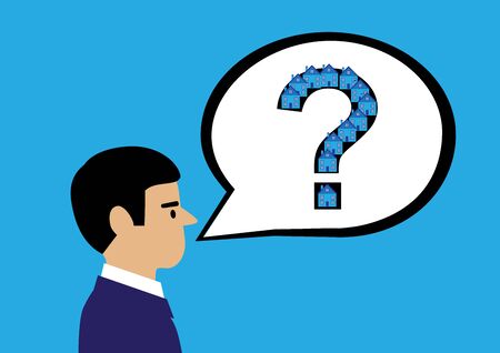 A vector illustration of a man with a speech bubble with a question mark and houses on it to indicate property related questions.のイラスト素材