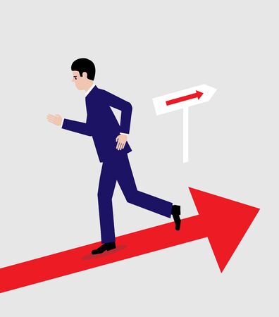 A man running in the opposite direction to the prevailing signs. A metaphor on trusting your instincts in business.のイラスト素材