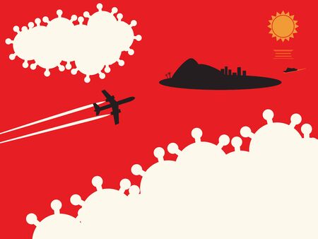 A jet aircraft travelling between two covid-19 shaped clouds. A metaphor on air travel during the current pandemic.のイラスト素材