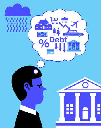 A cartoon man thinking about diffrent forms of debt that are on his mind in the form of a thought bubble.のイラスト素材