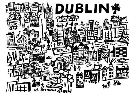 A hand drawn illustration of the city centre of Dublin, Ireland.のイラスト素材
