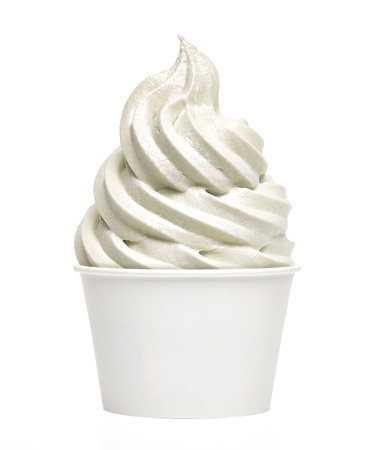 Vanilla frozen yogurt in takeaway paper cup on white background Vanilla frozen yogurt in takeaway paper cup on white background