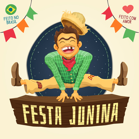 Brazilian Junk Party - Happy peasant jumping over sign - Made in Brazil - Made with love - Detailed vector cartoon for june party themesのイラスト素材