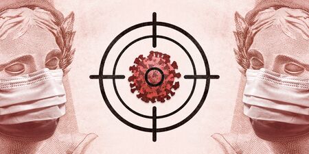 Concept for economic impact of the coronavirus pandemic. Crosshair targeting a virus between Brazilian Real - BRL currency banknote faces wearing masks.の写真素材