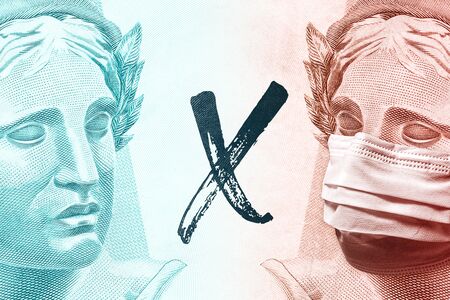 Concept for economic impact of the coronavirus pandemic. Two Brazilian Real - BRL currency banknote faces. A healthy one versus a masked one.の写真素材