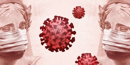 Concept for economic impact of the coronavirus pandemic. Floating viruses between Brazilian Real - BRL currency banknote faces wearing masks.の写真素材