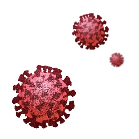 Coronavirus composition. Red floating viruses disposed in different focal distances isolated on white.の写真素材