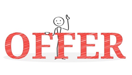 Attention concept illustration with small ink style cartoon man, offerのイラスト素材