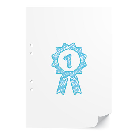 Blue handdrawn Prize Ribbon illustration on white paper sheet with copy spaceのイラスト素材