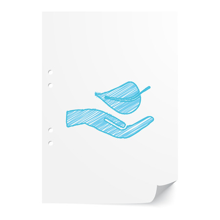 Blue handdrawn Leaf In Hand illustration on white paper sheet with copy spaceのイラスト素材