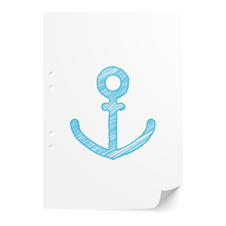 Blue handdrawn Anchor illustration on white paper sheet with copy spaceのイラスト素材