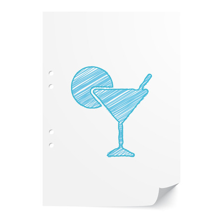 Blue handdrawn Cocktail illustration on white paper sheet with copy spaceのイラスト素材